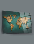 Toprak Dünya Haritası Cam Tablo, yüksek kaliteli UV baskı ile özel tasarlanmış, 4 mm kalınlığında cam.