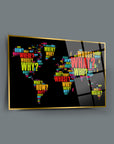 Colorful world map glass art with questions like 'Why?', 'What?', and 'Who?' designed for modern decor.