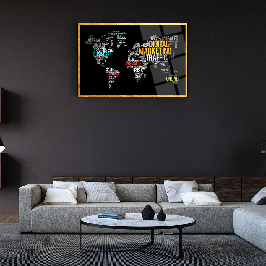 Dijital Pazarlama Dünya Haritası Cam Tablo, modern dekor, yüksek kaliteli UV baskı, 4 mm kalınlığında.