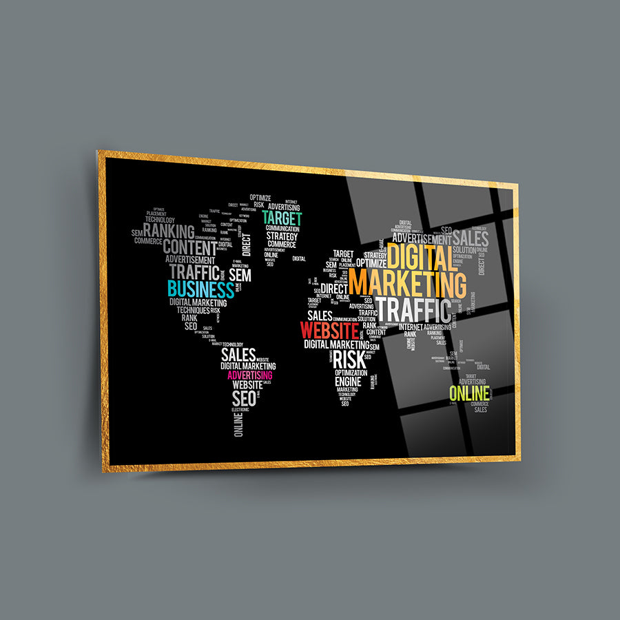 Dijital pazarlama dünya haritası cam tablo, modern tasarım ve UV baskı ile şık dekoratif öğe.