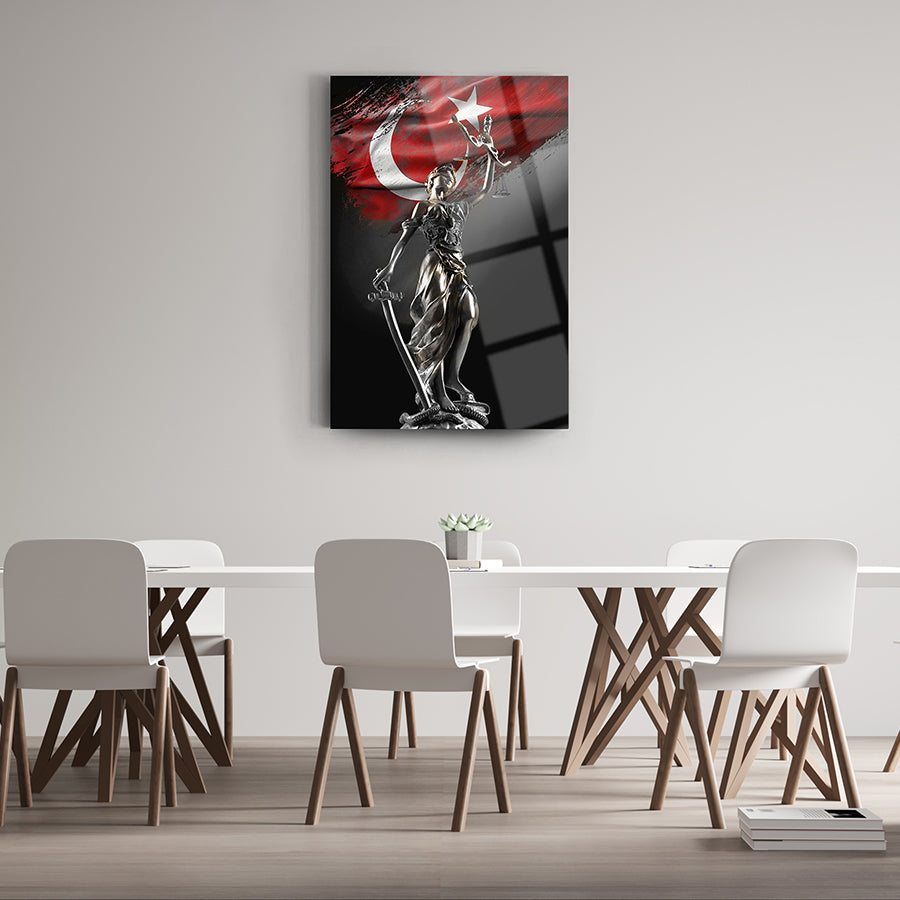 Artistic interpretation of Themis statue with Turkish flag design on a modern wall, enhancing contemporary decor.