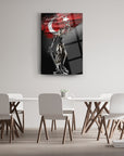 Artistic interpretation of Themis statue with Turkish flag design on a modern wall, enhancing contemporary decor.