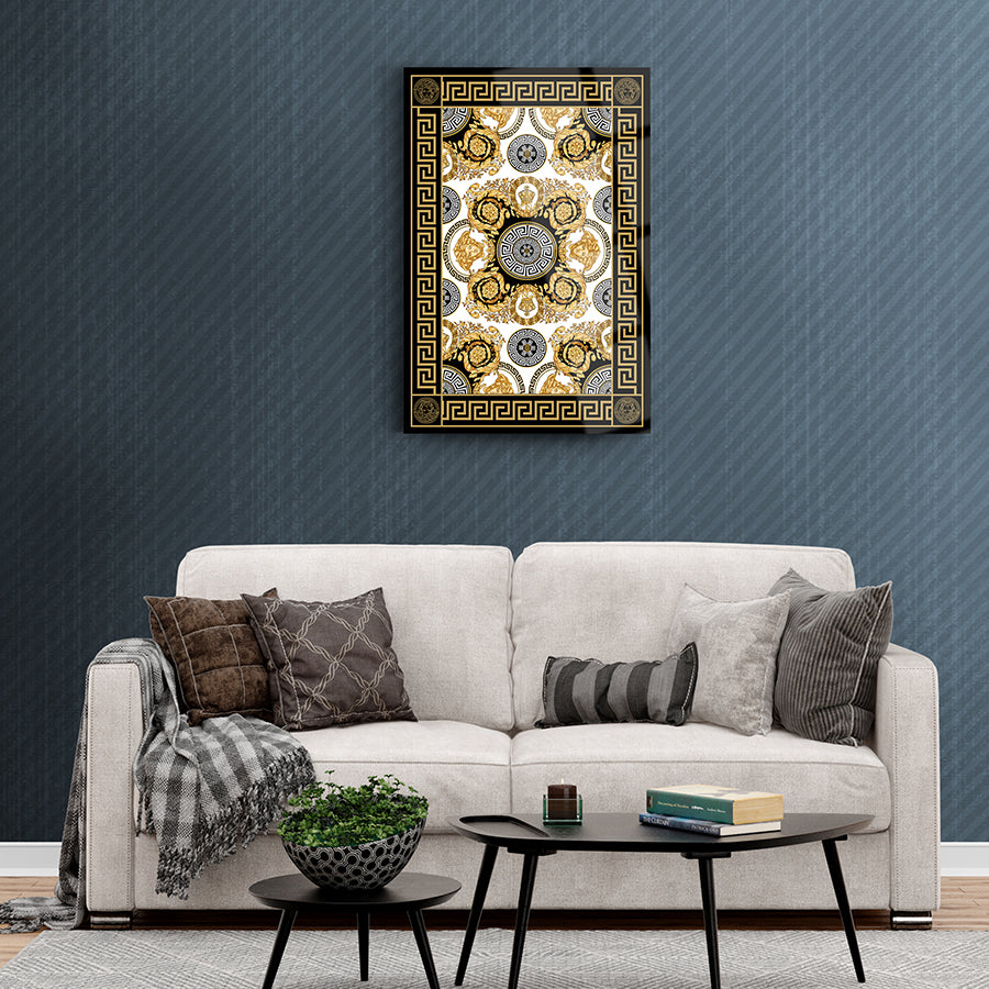 Stylish Roma motif glass wall art displayed above a modern sofa in an elegant living room setting.