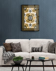 Stylish Roma motif glass wall art displayed above a modern sofa in an elegant living room setting.