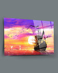 Stunning Fırkata Gemisi Cam Tablo featuring a ship at sunset, vibrant colors and high-quality tempered glass.