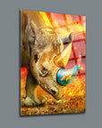 Rhinoceros art glass wall decor with vibrant colors and dynamic design, perfect for modern interiors.