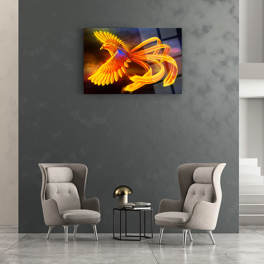 Sarı Anka 1 Cam Tablo, modern iç mekan dekoru ile şık moda tasarım. Yüksek kaliteli UV baskı ile yapılmış.