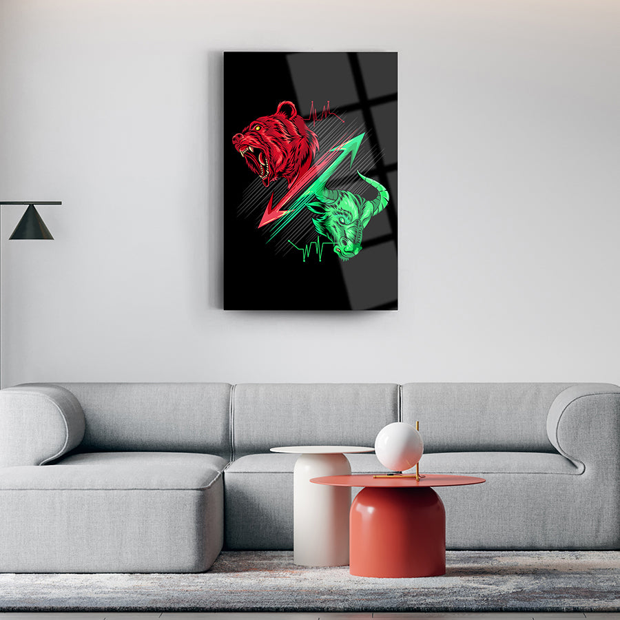 Modern glass artwork featuring a dynamic bear and bull design in red and green, perfect for contemporary decor.