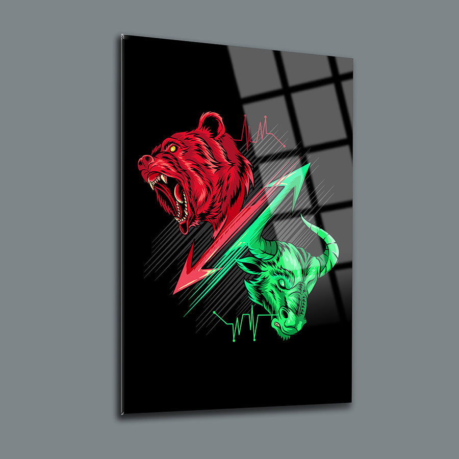 Ayı ve boğa motifli cam tablo, modern tasarım ve yüksek kaliteli UV baskı ile göz alıcı dekorasyon.