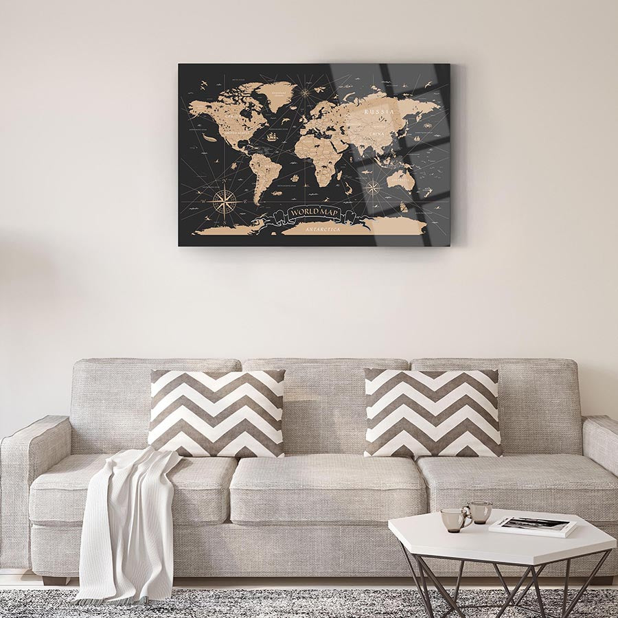 Eski Dünya Haritası cam tablo, modern dekorasyon için şık ve kaliteli duvar sanatı.