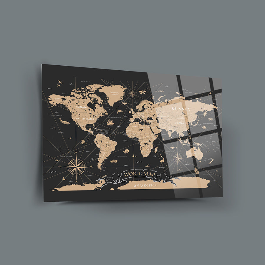 Eski dünya haritası dekoratif cam tablo, yüksek kaliteli UV baskı ile tasarlanmış.