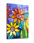 Vibrant Damlacıklı Çiçekler Cam Tablo featuring colorful flowers on a sparkling background.
