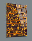 Hieroglyphic art glass panel by SRD Concept, featuring intricate yellow hieroglyphs on a rich brown background.