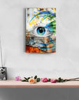 Colorful eye-themed glass art print, showcasing unique UV printing on high-quality, durable glass.