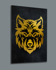 Gold wolf design on black background, showcasing unique artistic style in glass wall art.