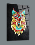Vibrant wolf art print on glass, featuring colorful geometric patterns for a modern decor accent.