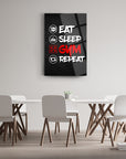 Modern glass wall art featuring 'Eat Sleep Gym Repeat' in a stylish design.