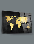 Gold world map glass art by SRD Concept, featuring durable tempered glass and UV printing on a sleek black background.