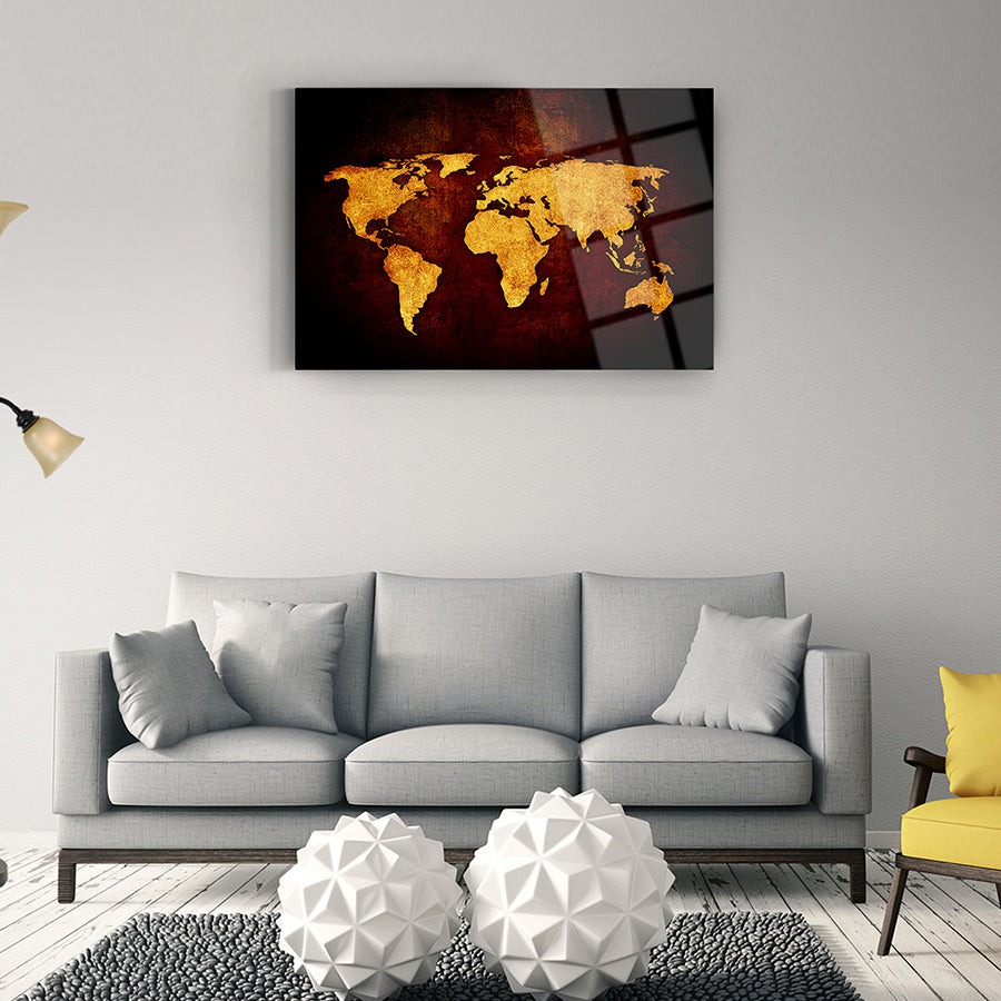 Eski duvar dünyası haritası, şık oturma odası dekorasyonu için modern cam tablo. Yüksek kaliteli UV baskı.