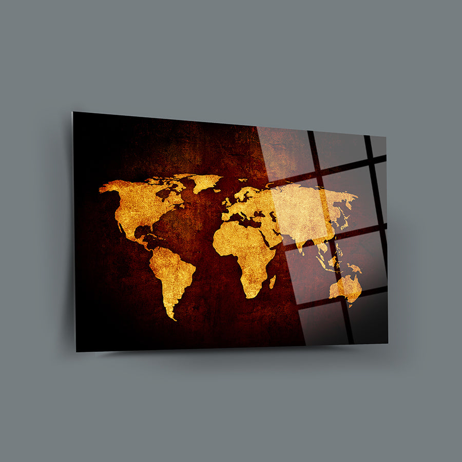Eski dünya haritası cam tablo, altın detaylar ve koyu kırmızı arka planda şık tasarım.