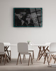 Elegant glass world map wall art with "Thank You" design, perfect for modern home decor.