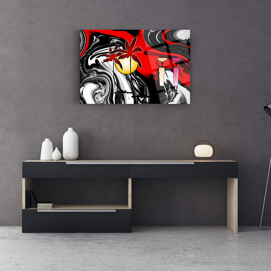 Afrika Renkleri Cam Tablo: modern tasarım, kırmızı ve siyah renklerde, iç mekan dekorasyonu için ideal.