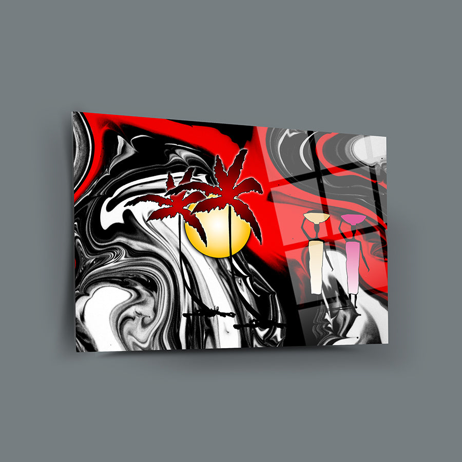 Afrika Renkleri Cam Tablo with vibrant colors, abstract design, and tropical palm trees.