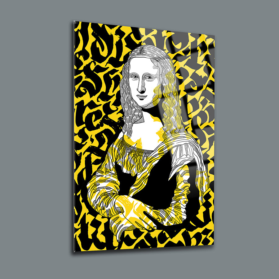 Sarı siyah tasarımlı Mona Lisa cam tablo, yüksek kaliteli temper camdan yapılmıştır.