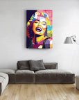 Vibrant Marilyn Monroe glass artwork in a modern living room, showcasing colorful design and stylish decor.