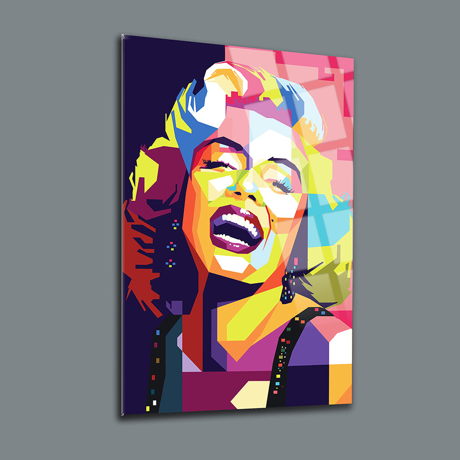 Vibrant Marilyn Monroe glass wall art, showcasing colorful pop art style with joyful expression.