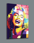 Vibrant Marilyn Monroe glass wall art, showcasing colorful pop art style with joyful expression.