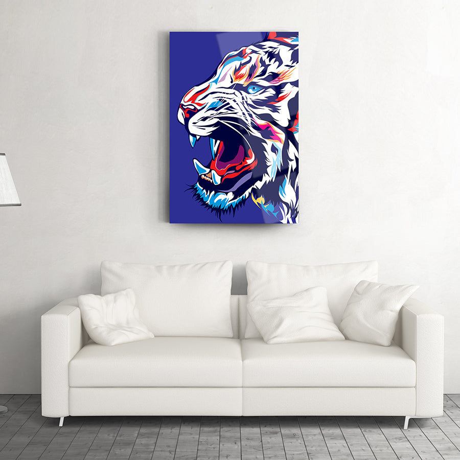 Colorful tiger artwork hanging above a modern white couch in a stylish living room.
