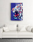 Colorful tiger artwork hanging above a modern white couch in a stylish living room.