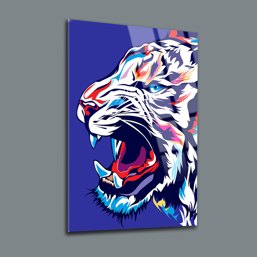 Vibrant modern art featuring a roaring tiger on a blue background, showcasing bold colors and expressive design.