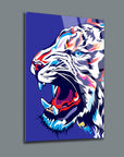 Vibrant modern art featuring a roaring tiger on a blue background, showcasing bold colors and expressive design.