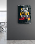 Modern cam tablo featuring motivational quote "Old ways won't open new doors" in a contemporary office setting.