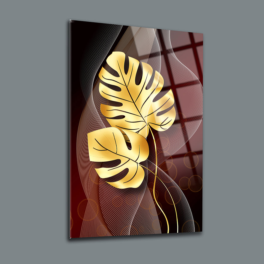 Gold Palmiye Cam Tablo with elegant leaf design on a dark background, showcasing modern art style.