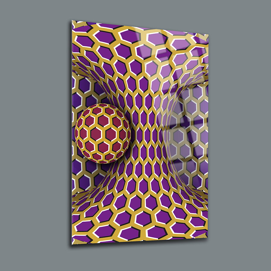Three-dimensional glass panel featuring a vibrant purple and gold honeycomb pattern with a spherical design element.
