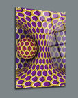Three-dimensional glass panel featuring a vibrant purple and gold honeycomb pattern with a spherical design element.