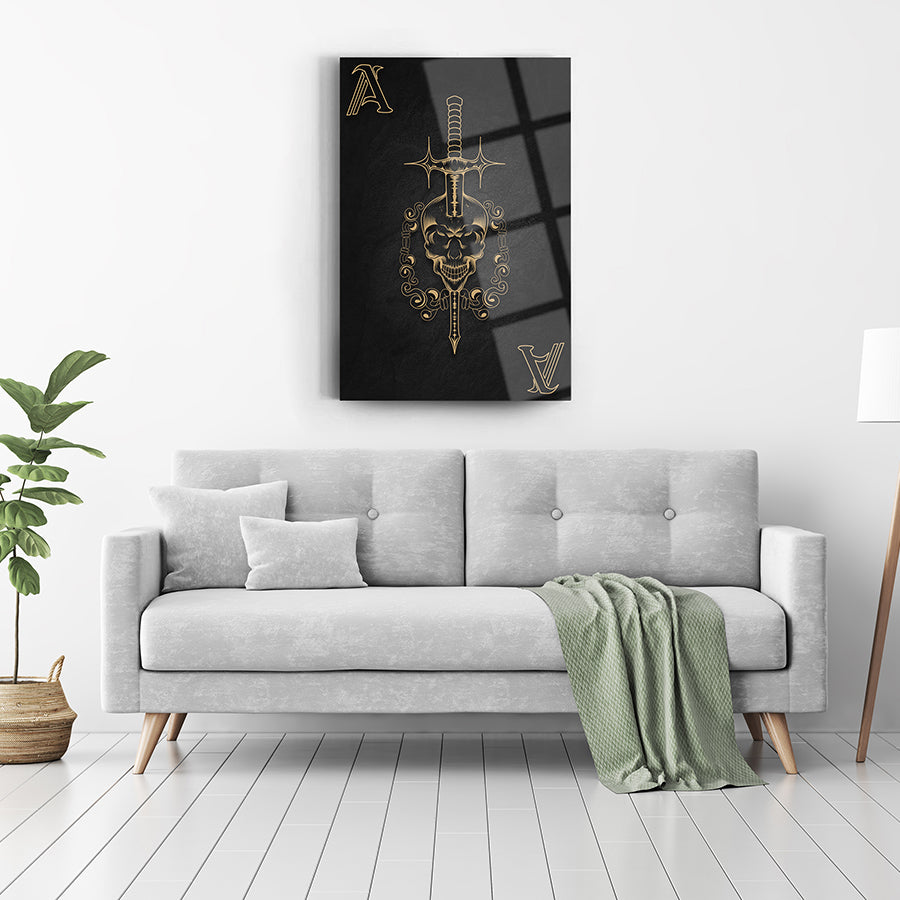 Stylish Kuru Kafa cam tablo with gold accents displayed above a modern gray sofa in a chic living room.