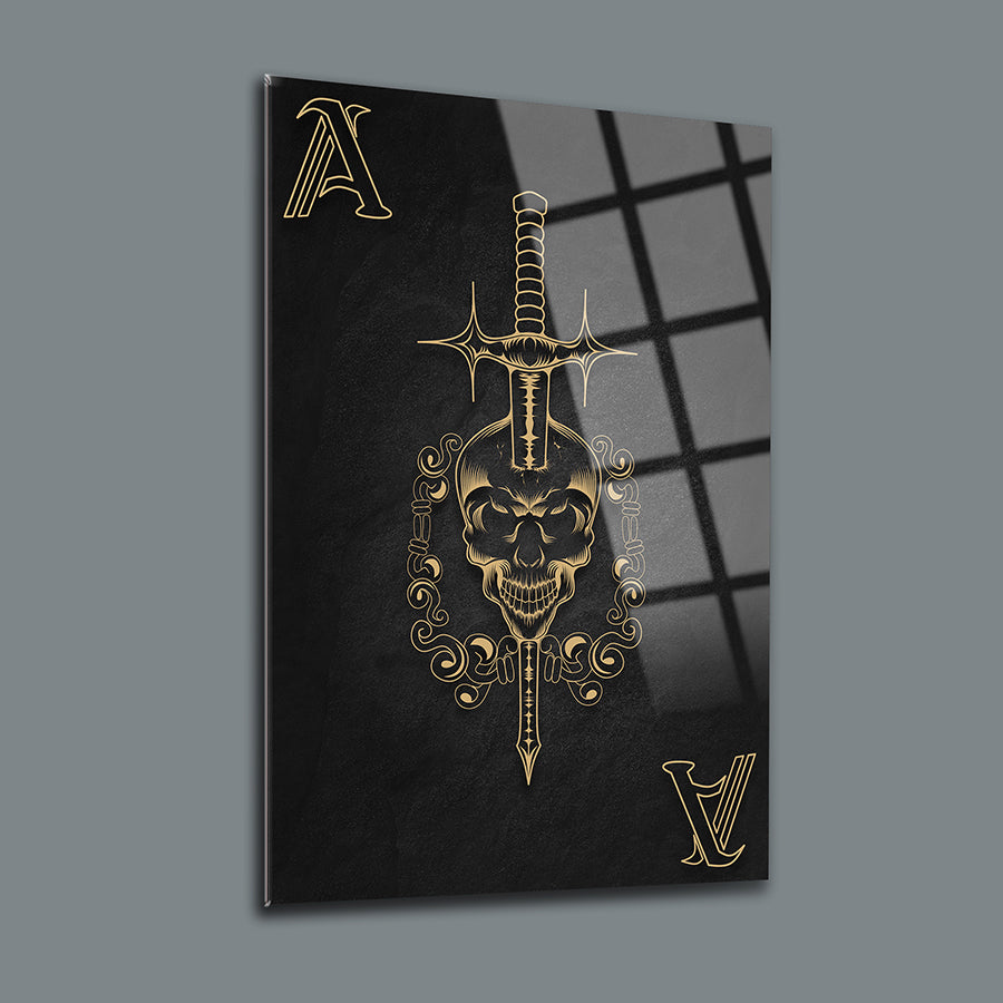 As Kuru Kafa Cam Tablo with a skull and sword design, beautifully printed on high-quality glass.