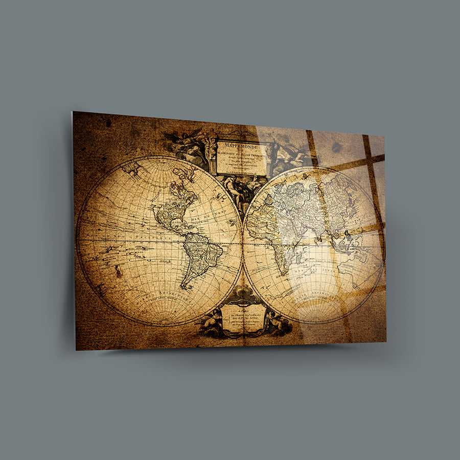 Eski dünya haritası 3 cam tablo, yüksek kaliteli UV baskı ile tasarlanmış, dayanıklı ve şık ev dekorasyonu.