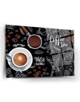 Kahve Zamanı Cam Tablo, espresso, kahve çekirdekleri ve modern tasarım ile şık dekor.