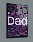 Colorful glass word art collage featuring 'Dad' with positive adjectives and phrases celebrating fatherhood.