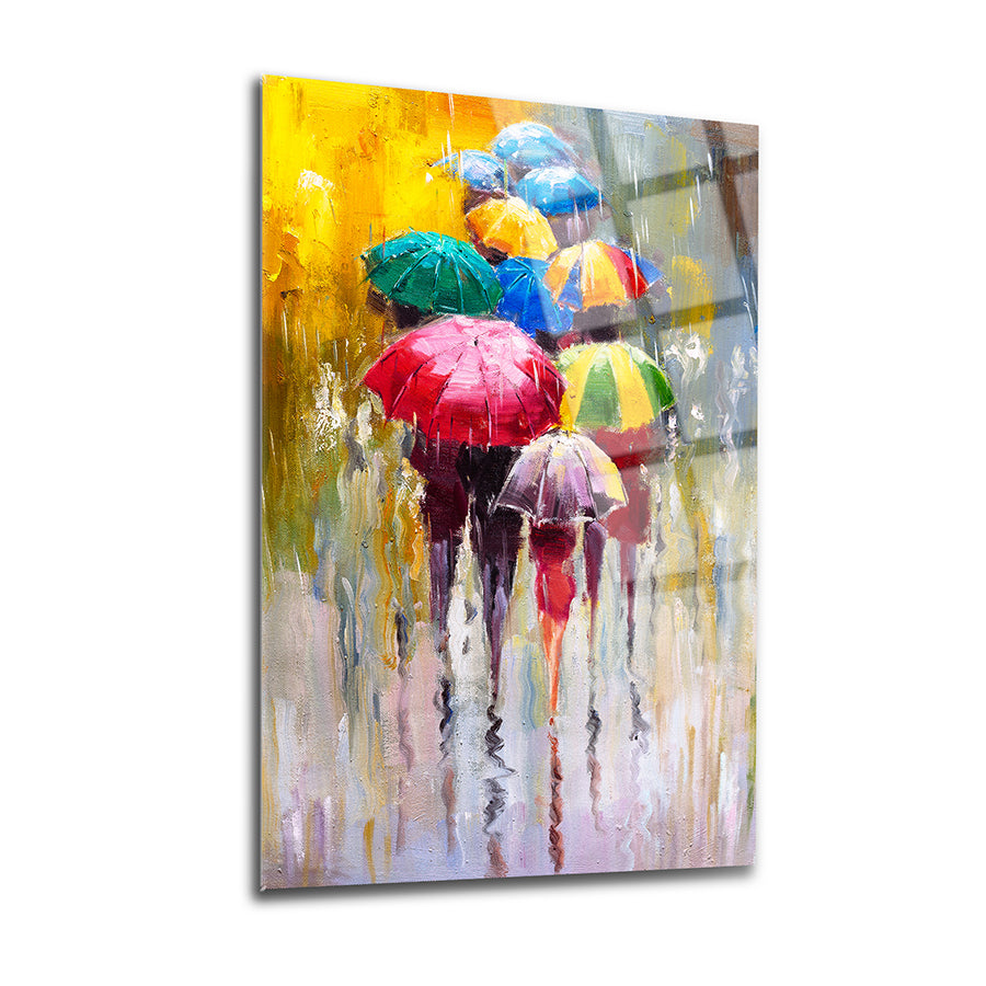 Renkli şemsiyelerle dolu sokak manzarası, temperli cam tablo, yüksek kaliteli UV baskı, 4 mm kalınlık.