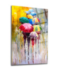 Renkli şemsiyelerle dolu sokak manzarası, temperli cam tablo, yüksek kaliteli UV baskı, 4 mm kalınlık.