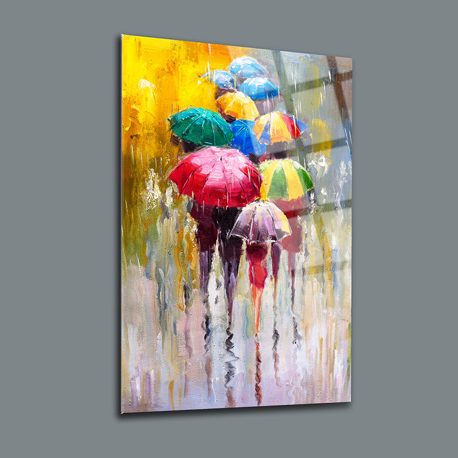 Colorful umbrellas in the rain represented in a vibrant glass painting for modern decor.