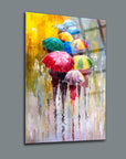 Colorful umbrellas in the rain represented in a vibrant glass painting for modern decor.