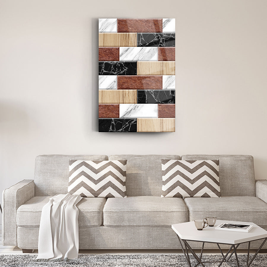 Ahşap ve mermer desenli cam tablo, modern oturma odası dekorasyonu için şık bir sanat eseri.