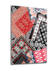 Colorful Halı Desenleri Cam Tablo with intricate patterns in red, black, and white hues for stylish decor.